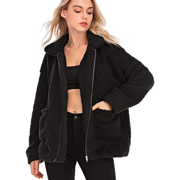 Women Black Casual Fleece Faux Shearling Coat Lapel Zipper Warm Oversized Winter - Picture 2 of 6